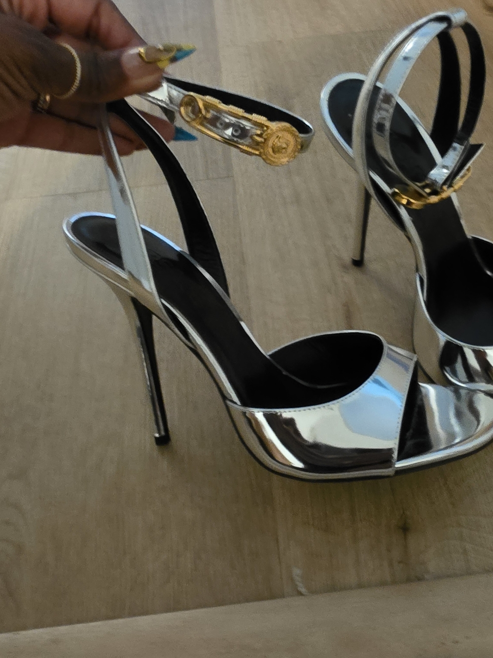 Versace Silver Mirror Metallic Open-Toe Stiletto Sandals with Gold Buckle - Picture 5 of 8